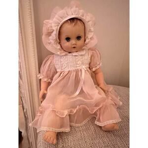 17 ”American Character Doll Composition Sleep Eyes Pink Dress & bonnet